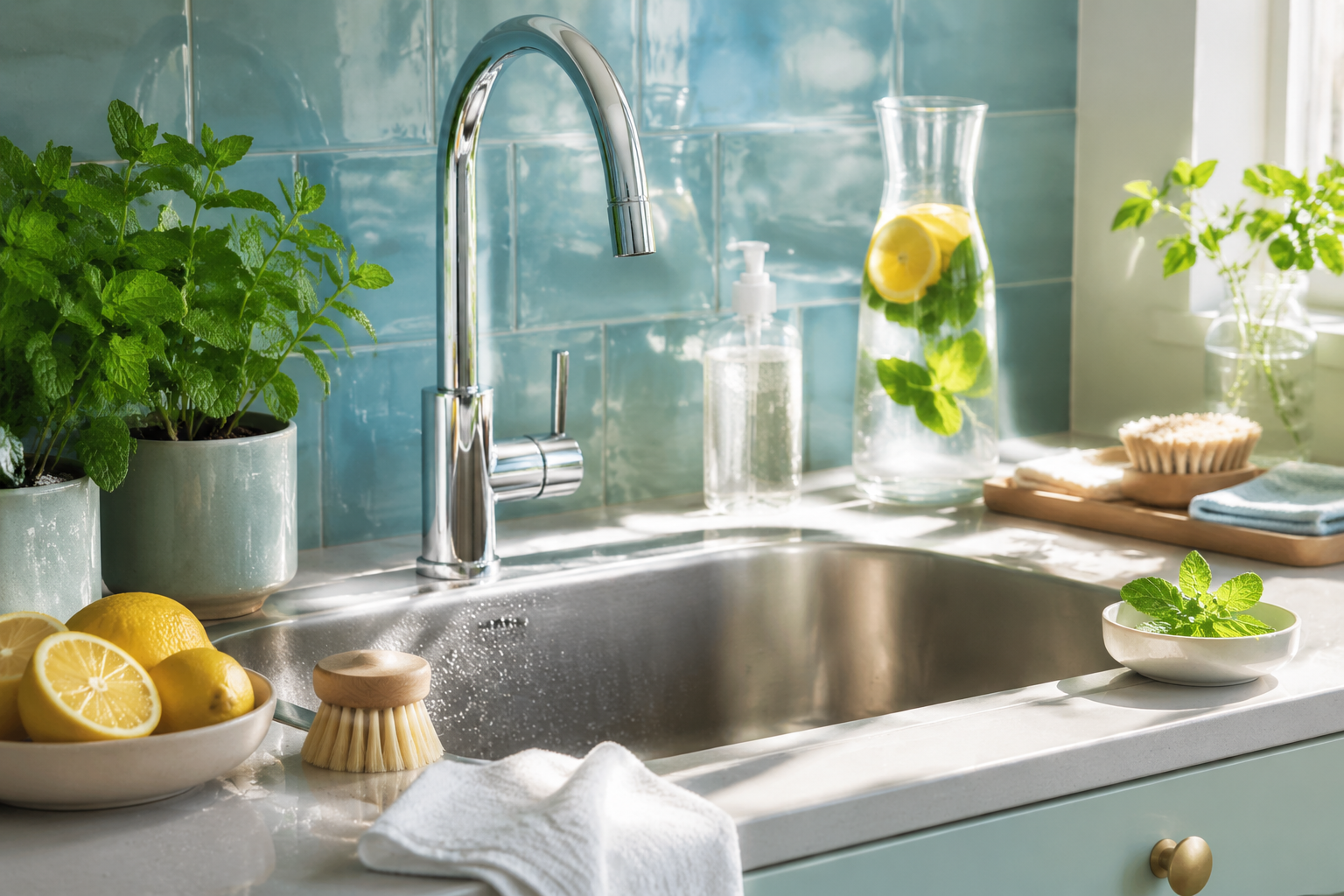 Bright kitchen sink freshness lab with lemon, mint, water care cards and a clean sink