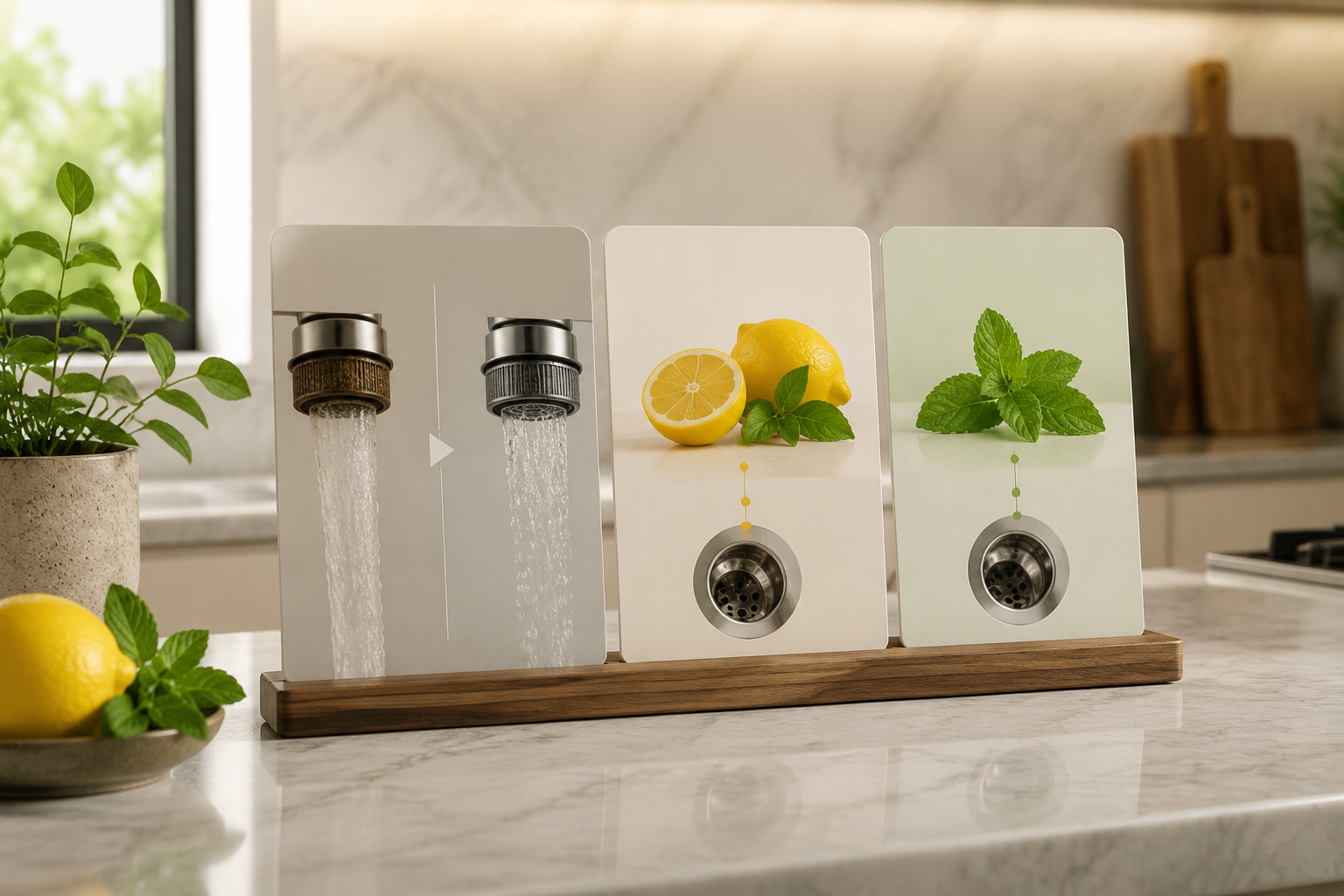 Kitchen sink water-flow routine with clean care schedule cards